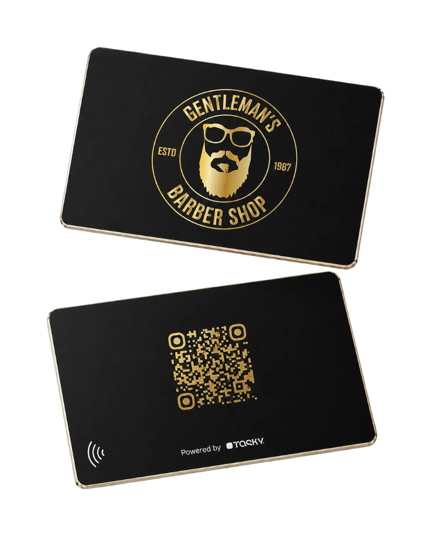 Black and gold barber shop card with QR back