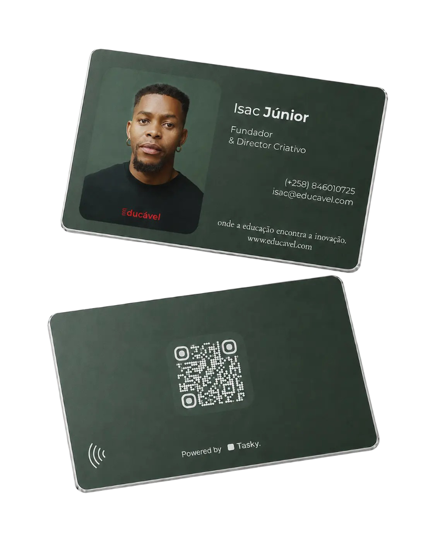Green founder card with photo, contacts, and QR