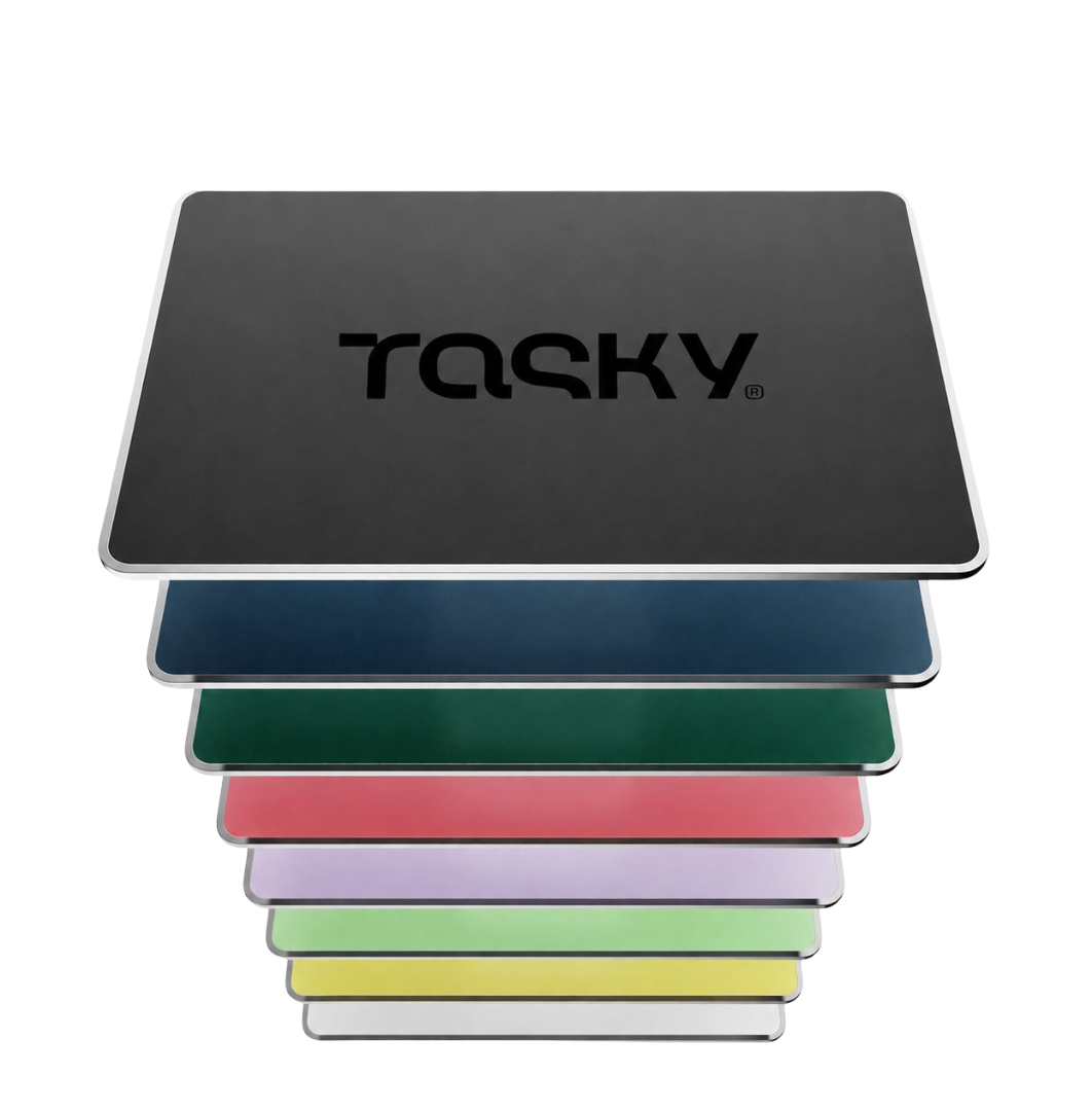 Tasky cards stacked in multiple colors